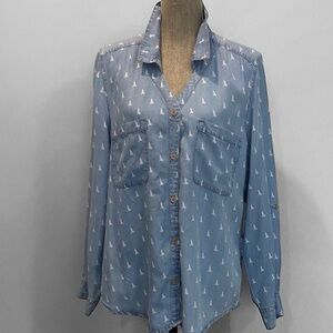Blossom Blue Sailboat Print Button-Up Shirt Long Sleeve Size Large